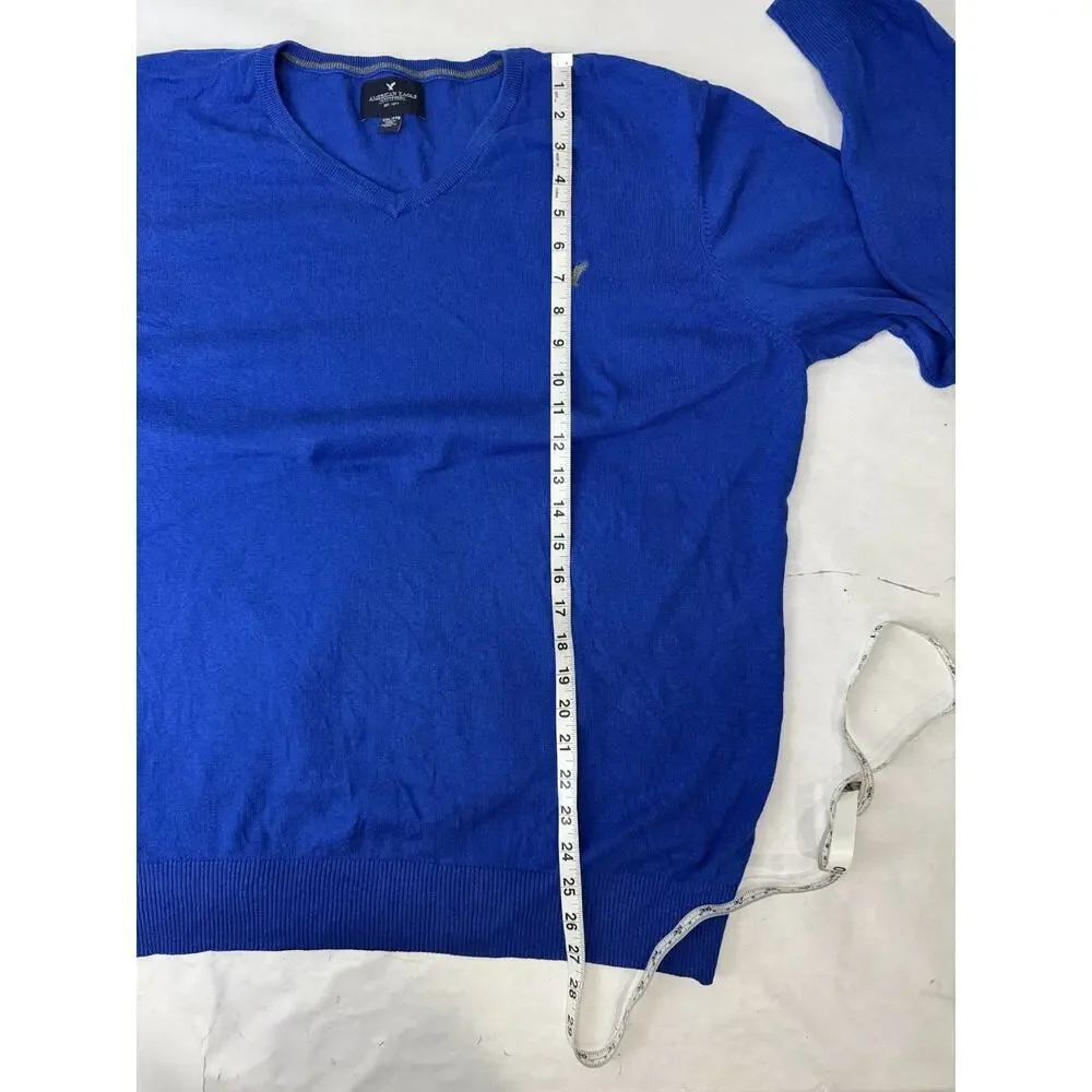 American Eagle Sweater Mens XXL Royal Blue Lightweight Logo V-Neck Pullover